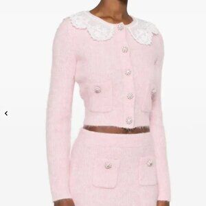 NWT- Self-Portrait Lace-Collared Pink Brushed Cardigan Sweater, Crystal Buttons